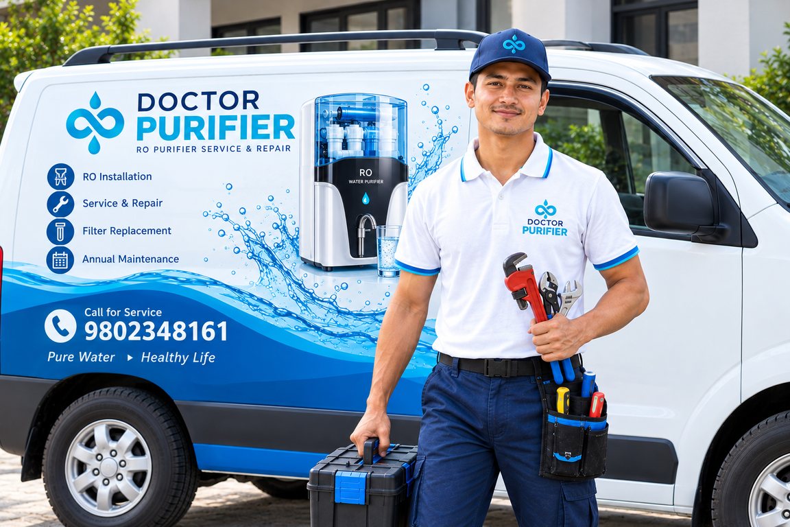 Doctor Purifier technician holding service tools in front of a branded RO purifier service van